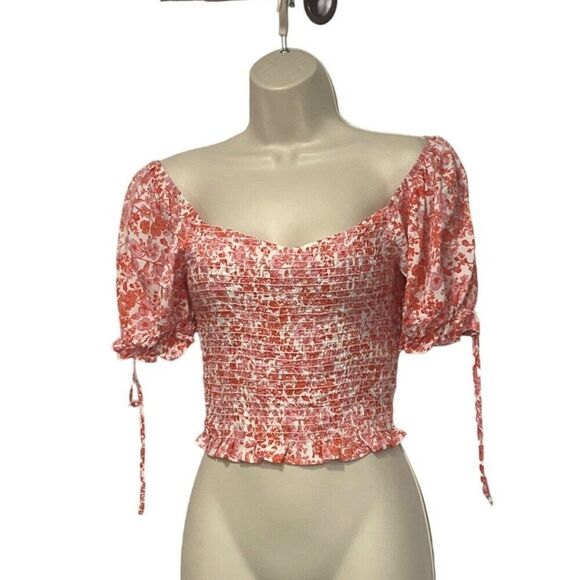 Lush Women’s Smocked Bodice Tie-sleeve Printed Blouse, Cream Red, Sz. XS - Picture 1 of 14